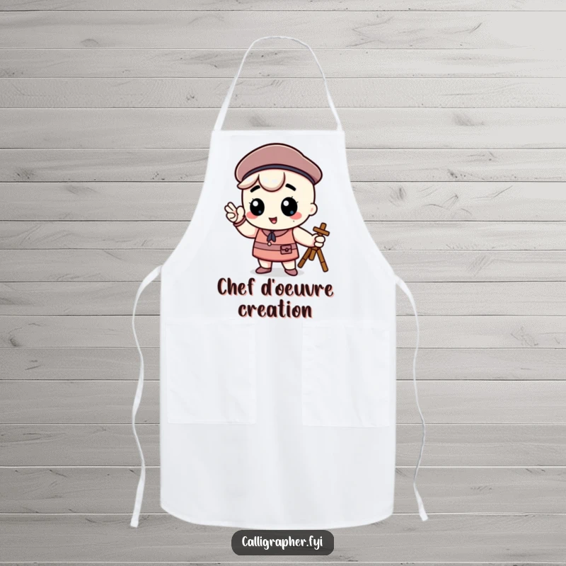 Funny kawaii character wearing a beret and posing proudly as an artist, a practical and humorous apron for studio work.