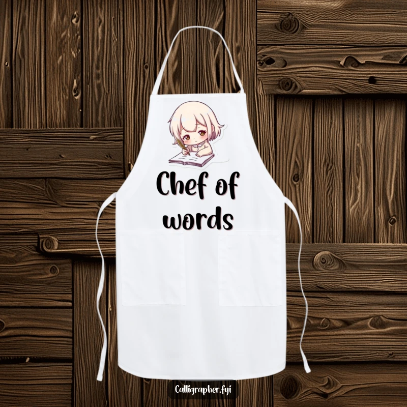 Funny apron showing a cute character enthusiastically writing with a feathered quill, adding a humorous touch to kitchen duties.