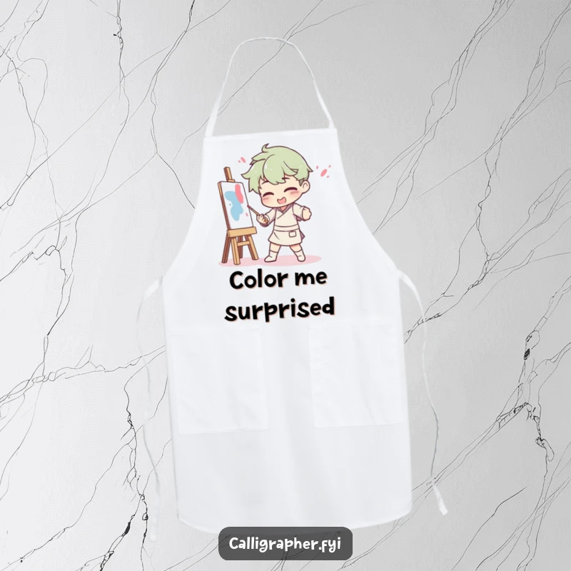Funny apron designed for artists, depicting a dramatic pose gone wrong with humorous paint splatters, perfect for messy creative sessions.