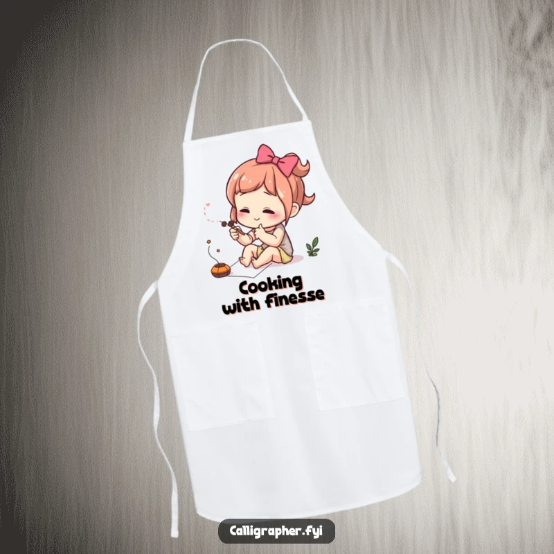 Funny apron featuring a cute character concentrating intently while drawing a delicate flourish, perfect for detailed tasks.