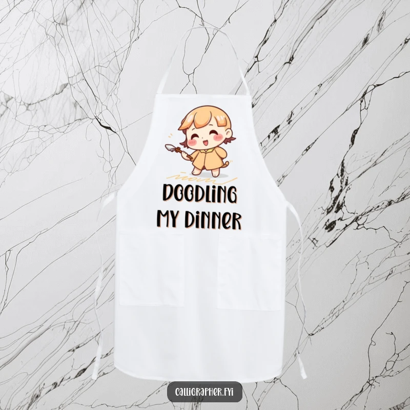 Funny apron showcasing a cute character diligently practicing elegant cursive strokes with a large quill, adding humorous flair to art sessions.