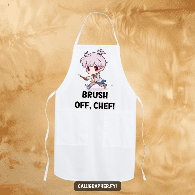 Funny apron depicting an artist chasing a tiny, mischievous brush that is trying to escape, designed for messy creative sessions with humor.