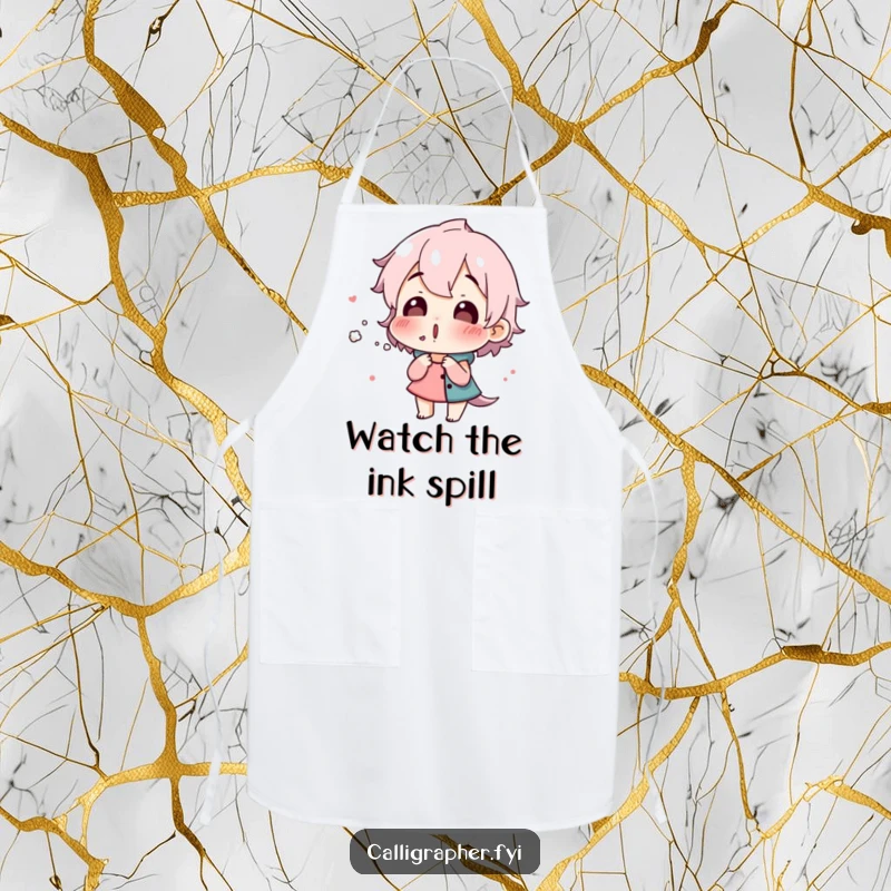 Funny apron showing a surprised character blowing on wet ink, practical for artists and chefs, adding a humorous touch to tasks.