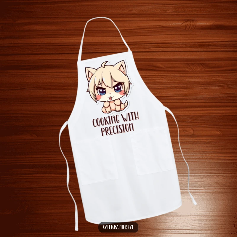 Funny apron with a cute character intensely concentrating, tongue sticking out, perfect for chefs and home cooks.