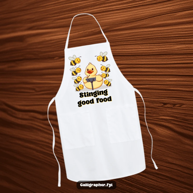 Funny apron with a rubber ducky as a conductor leading a bee orchestra, humorous kitchen attire.