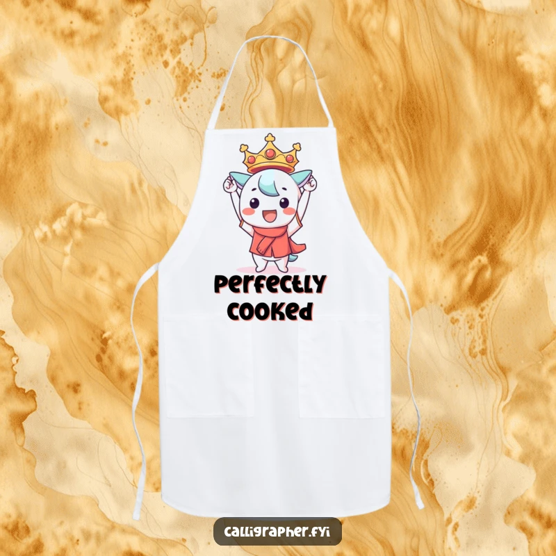 Funny Kawaii character apron, triumphantly holding a perfectly formed creation with a smile, showcasing culinary success with humor.