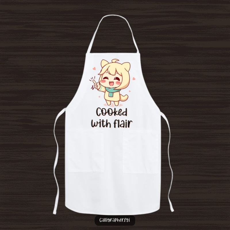 Funny apron adorned with a cute character's impressive flourished signature, perfect for kitchen artistry.