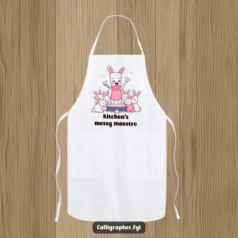 Funny apron depicting an enthusiastic sock passionately conducting a swarm of dust bunnies, adding humor to kitchen duties.