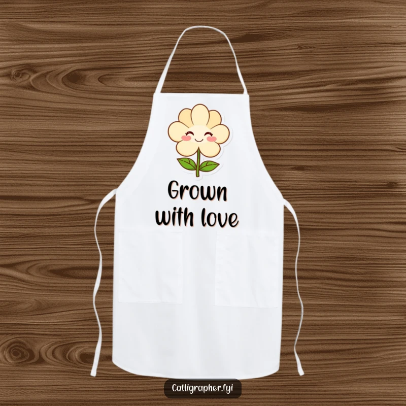 Funny apron featuring a smiling artist presenting a simple flower drawing, perfect for artistic endeavors with a touch of warmth and humor.
