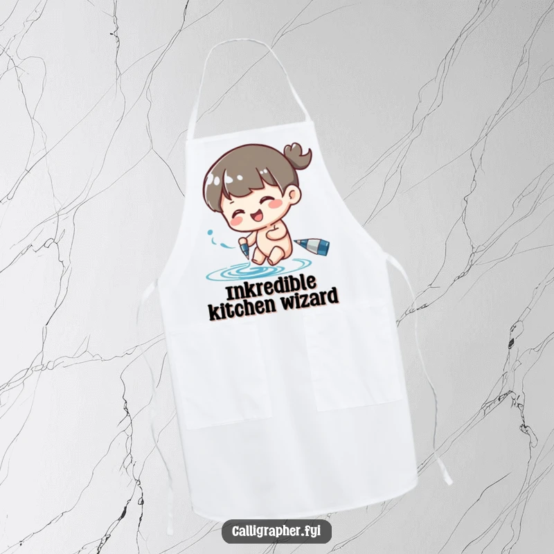 Funny apron with a character happily swirling ink from a pen, making creative tasks more fun and inspiring.