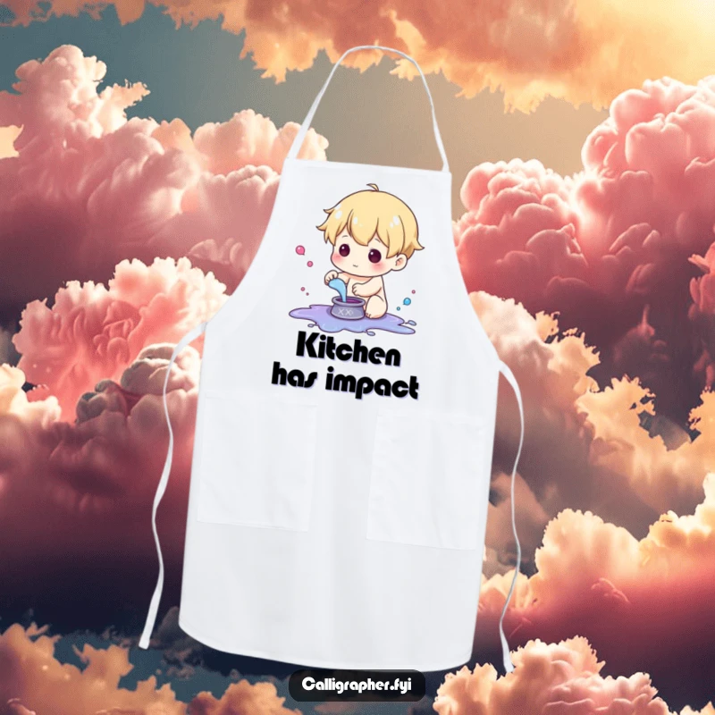 Funny apron featuring a cute character playfully splashing ink from a small pot, perfect for messy art creation.