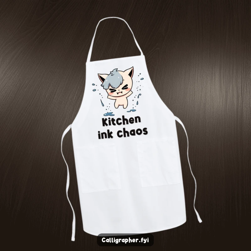 Funny apron showing a mischievous character playfully splattering ink drops, perfect for messy creators and adding humor to tasks.