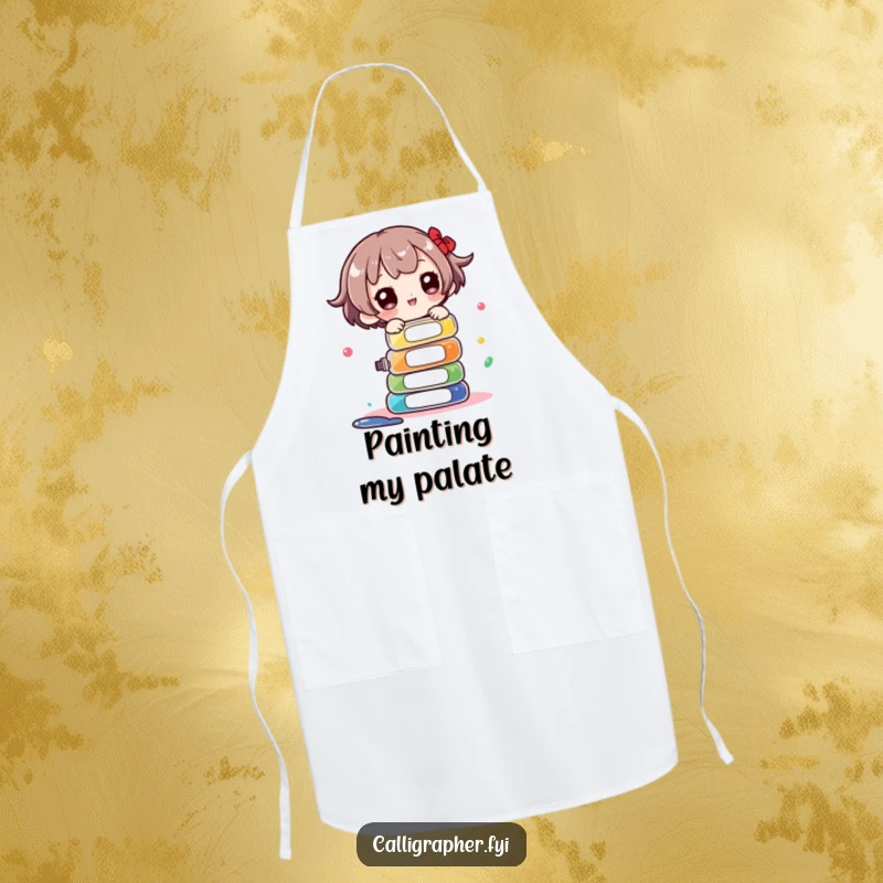 Funny Apron: Cute character balancing a stack of ink bottles, ideal for protecting clothes during messy art projects.