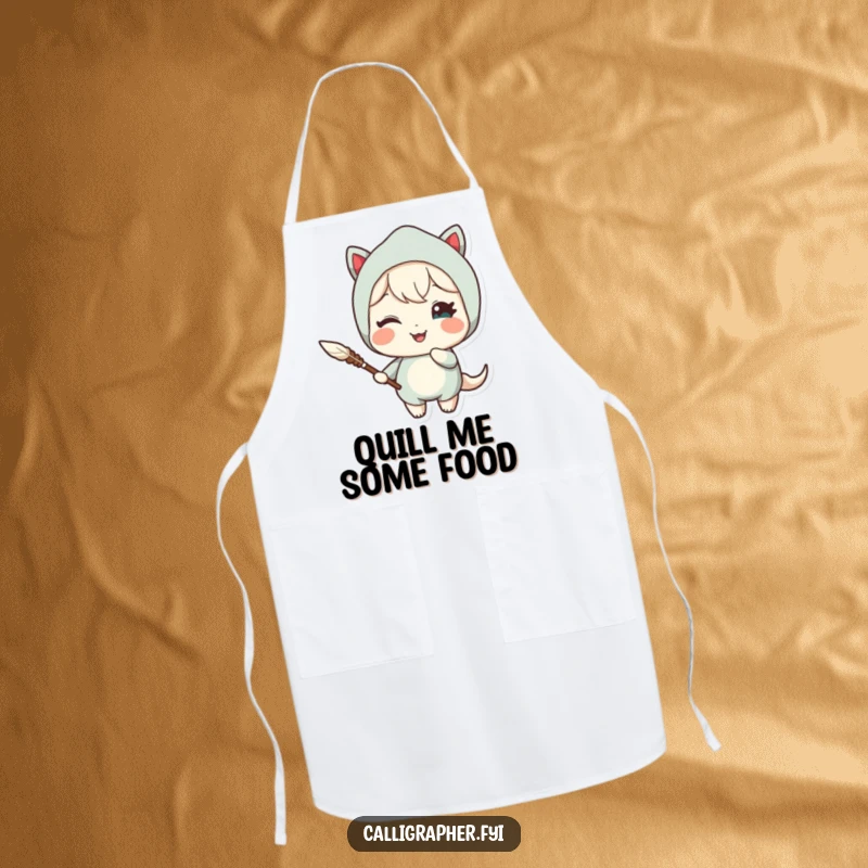 Funny apron featuring a cute character holding a quill pen and winking delightfully, perfect for keeping clean with a touch of wit.