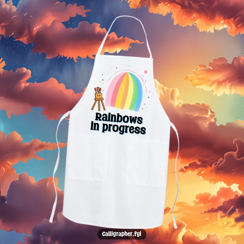 Funny apron showing an artist enthusiastically painting a rainbow, designed for protecting clothes during creative endeavors with a touch of humor.