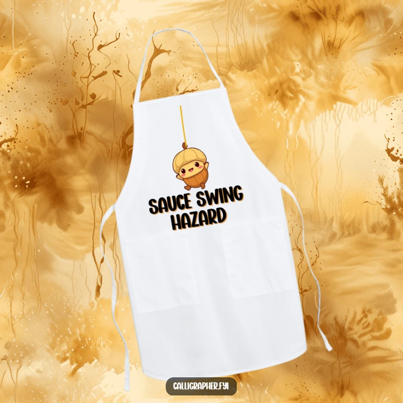Funny apron showing a brave little acorn character swinging from a strand of spaghetti.