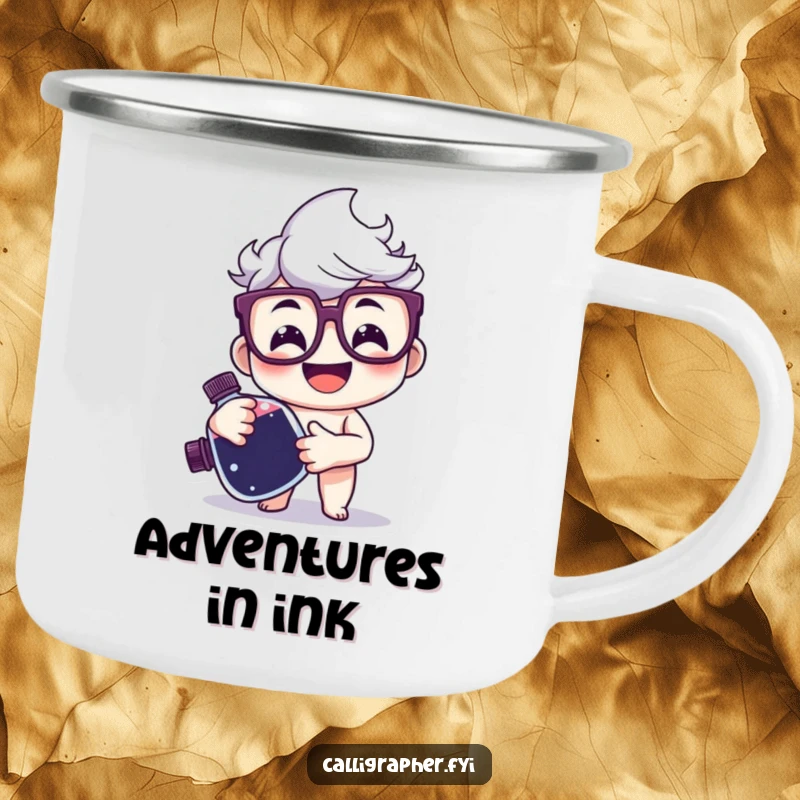 Funny Camping Mug with a happy character in glasses holding a large ink bottle, perfect for literary inspiration outdoors.