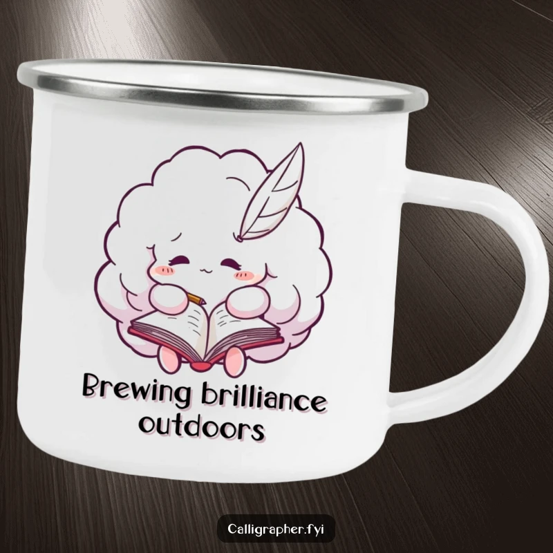Funny camping mug showing a fluffy cloud with a quill pen writing in a notebook, meant for outdoor adventurers.