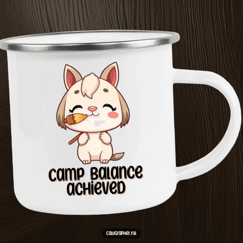 Funny Camping Mug showing a charming character balancing a paintbrush on its nose, perfect for artists on the go.