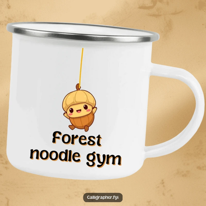 Funny camping mug depicting a brave little acorn character swinging from a strand of spaghetti.