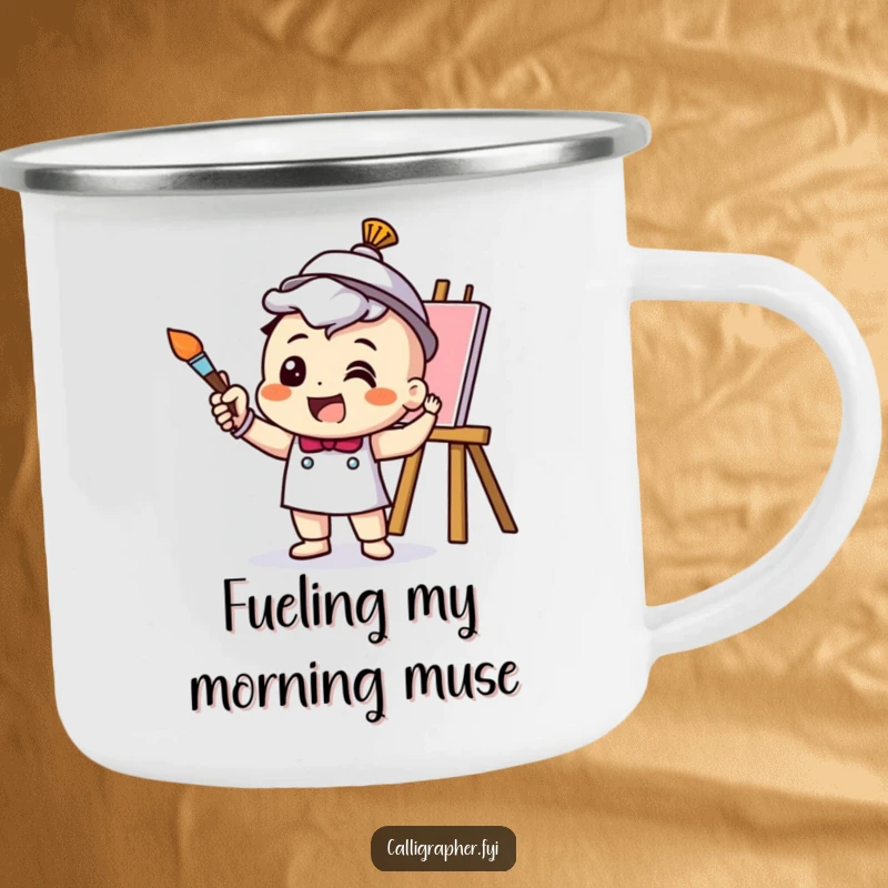 Funny Camping Mug with a cheerful artist character painting outdoors, blending rugged durability with creative humor.