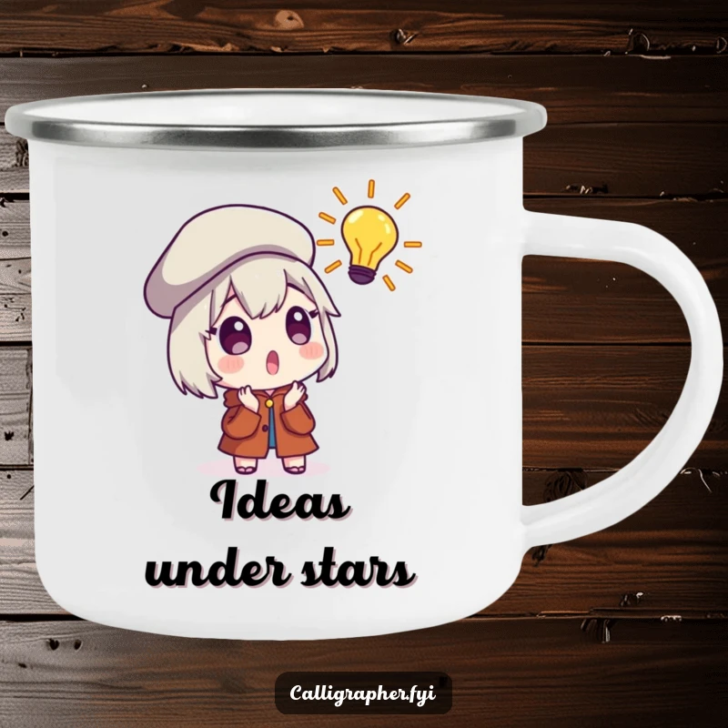 Funny Camping Mug with a surprised character in a beret experiencing a moment of creative inspiration, perfect for outdoor artists.