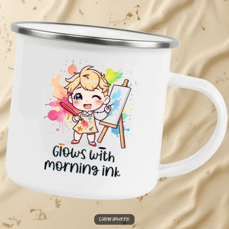 Funny camping mug with a happy character artist splattering colorful ink on a canvas with a large brush, designed for creative outdoor use.