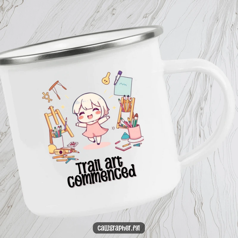 Funny Camping Mug: A cute character dances with art supplies, ready for adventure, bringing artistic joy to outdoor settings.