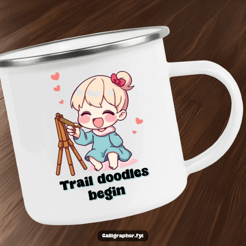 Funny camping mug featuring a character joyfully sketching a whimsical design, combining outdoor vibes with artistic creativity.