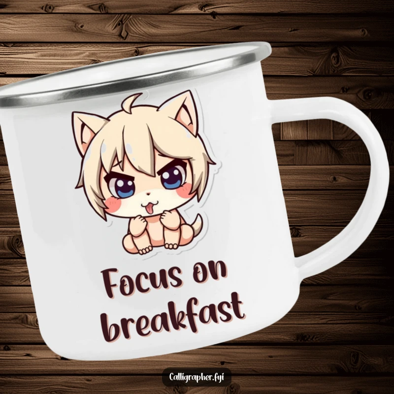 Funny camping mug with a cute character intensely concentrating, tongue slightly out, perfect for outdoor enthusiasts.