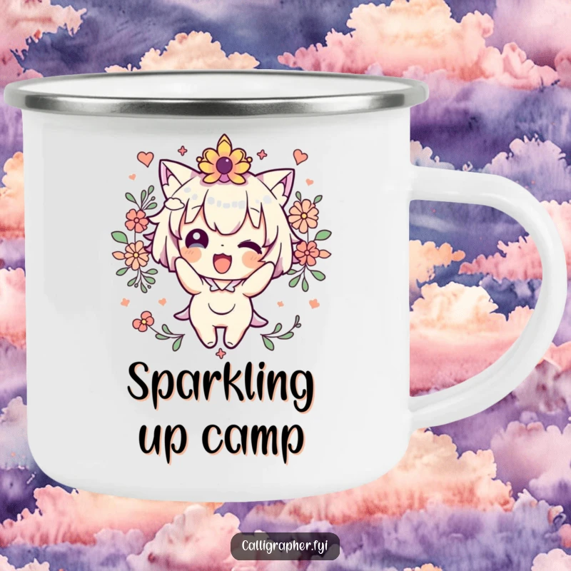 Funny Camping Mug featuring a cute character decorating with cheerful flourishes, perfect for outdoor adventures and hot beverages.