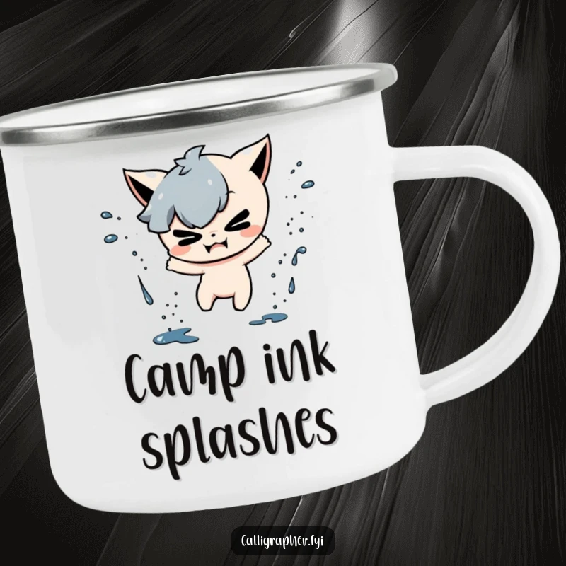 Funny camping mug with a mischievous character playfully splattering ink drops, perfect for adding humor to outdoor activities.