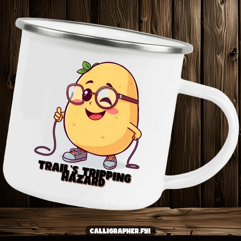 Funny camping mug depicting a cheerful potato character in a monocle, comically tripping over its shoelaces.
