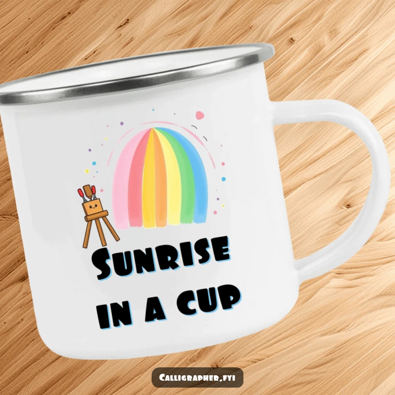 Funny camping mug depicting an artist painting a beautiful rainbow, celebrating outdoor creativity and colorful adventures.