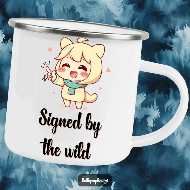 Funny camping mug showing a cute character's impressive flourished signature, ideal for outdoor beverage enjoyment.