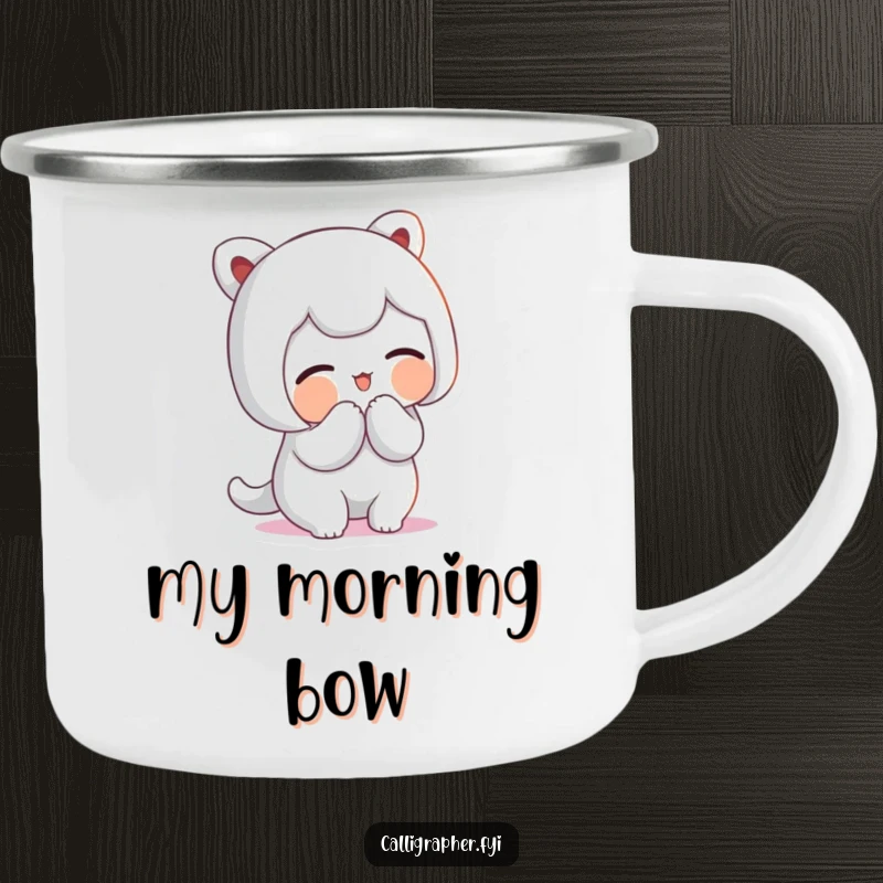 Funny Camping Mug: Cute character bowing with artistic flourish and a proud smile, ready for outdoor adventures and warm drinks.