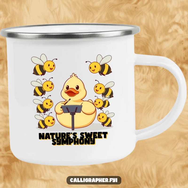 Funny camping mug with a rubber ducky conducting smiling bees in an orchestra, for outdoor music lovers.