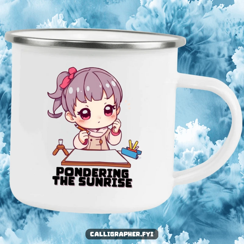 Funny camping mug with a character artist in a thoughtful pose, holding a pencil poised above paper, for creative outdoor moments.