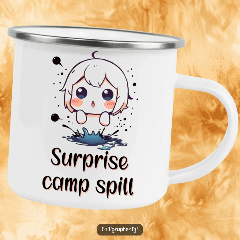 Funny camping mug with a cute character reacting with shock and surprise to a sudden ink splatter.