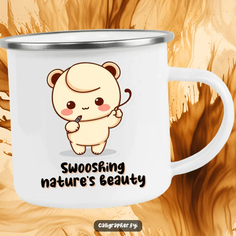 Funny camping mug with a kawaii character artist holding a calligraphy pen, elegantly writing a swoosh, for outdoor creative moments.