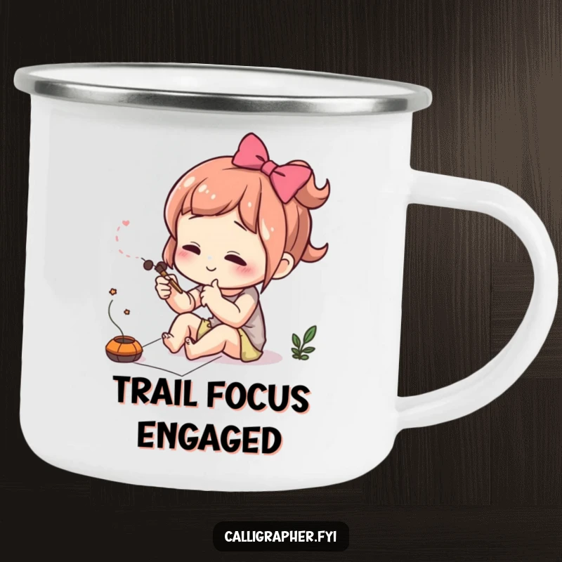 Funny camping mug showing a cute character concentrating intently while drawing a delicate flourish, ideal for outdoor focus.