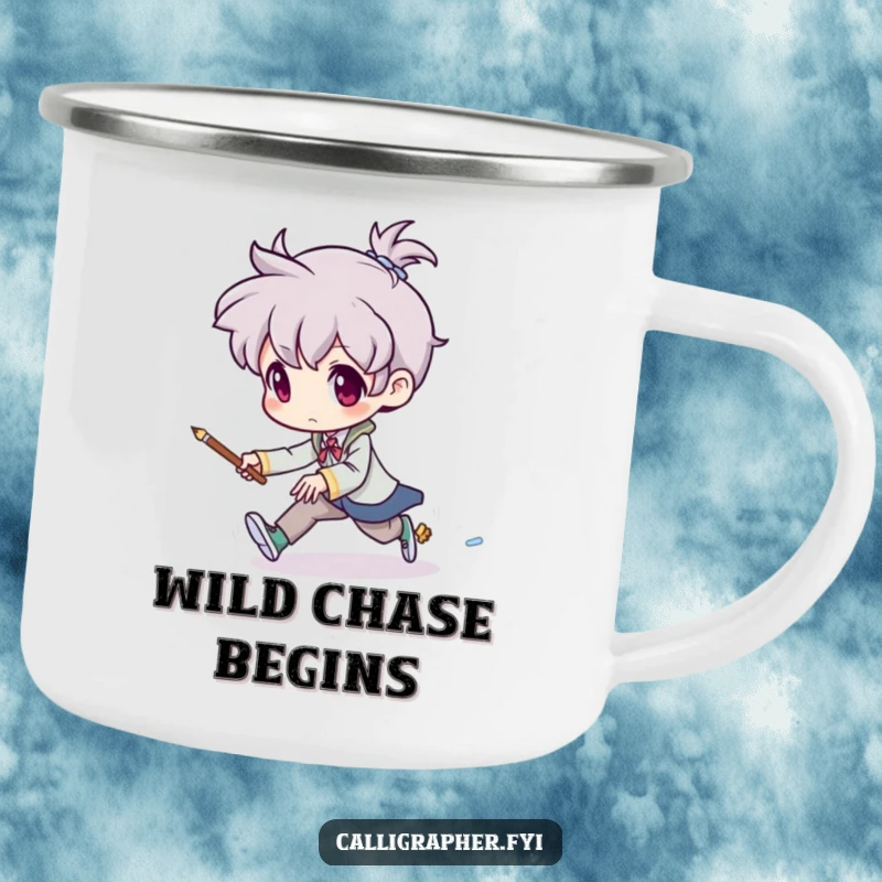 Funny camping mug depicting an artist chasing a tiny, mischievous brush, celebrating outdoor creativity and the humorous pursuit of art.