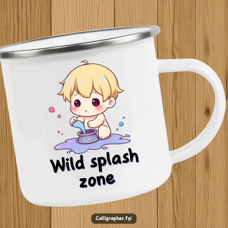 Funny camping mug featuring a cute character playfully splashing ink from a small pot, ideal for outdoor art.