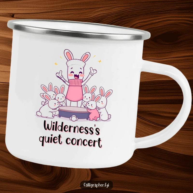 Funny camping mug featuring an enthusiastic sock character conducting a chaotic orchestra of dust bunnies, perfect for outdoor humor.
