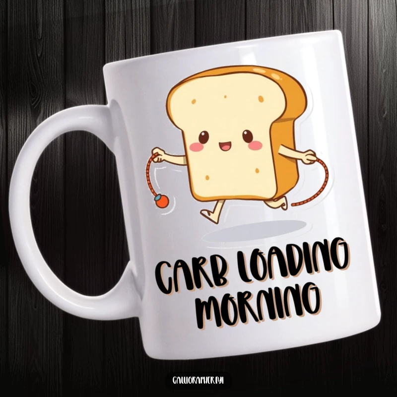 Funny bread mug featuring a loaf of bread energetically skipping rope using its own crust as the rope.