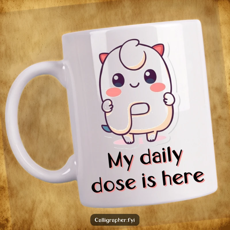 Funny Mug: A cute character proudly displays a perfectly formed stylized letter with a cheerful smile, bringing joy and personality.