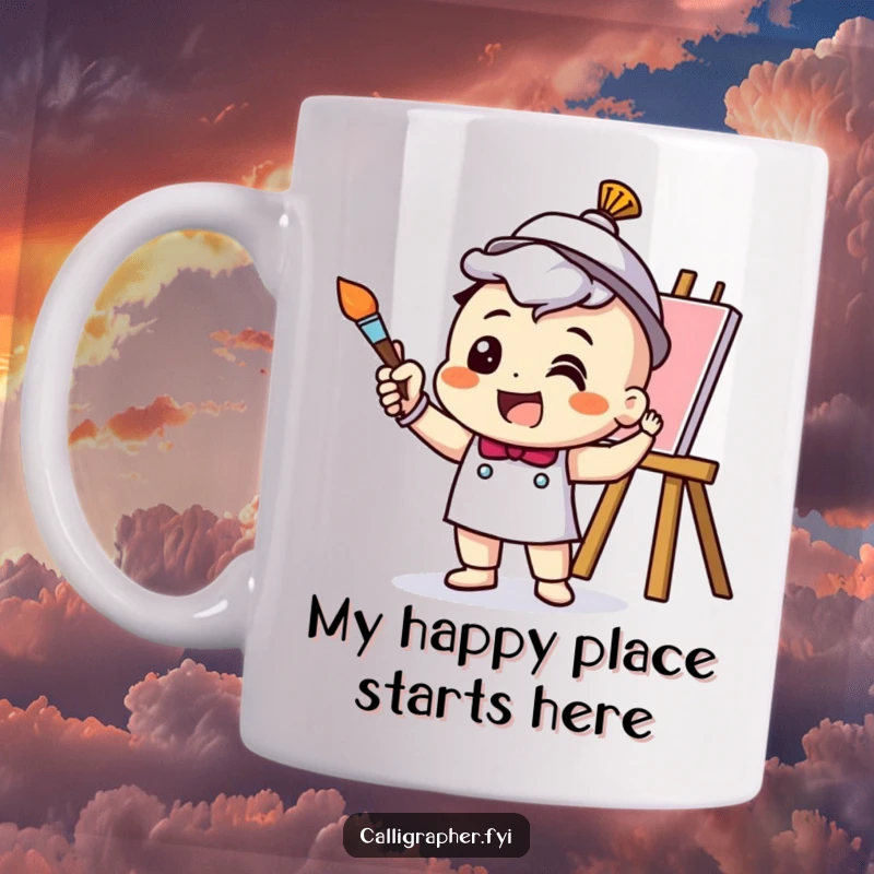 Funny Mug featuring a cheerful artist character joyfully painting with a brush mid-stroke, bursting with creative energy.