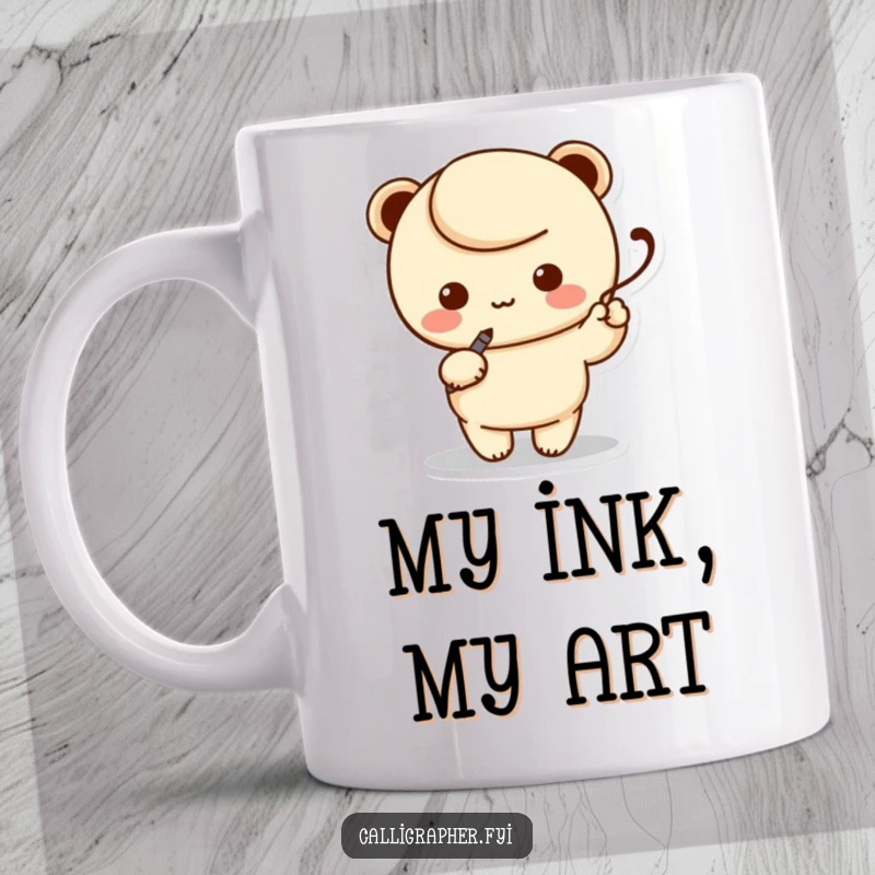 Funny mug with a cute kawaii character artist skillfully holding a calligraphy pen and creating an elegant swoosh with a smile.