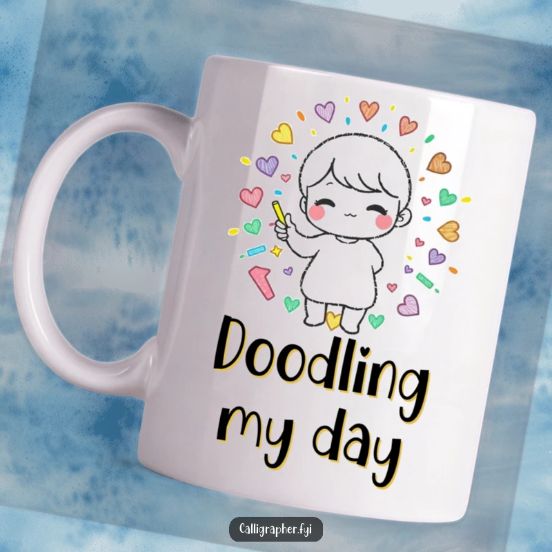 Funny mug featuring a cute character creating a beautiful, colorful pattern with chalk, showcasing artistic skill and joy.