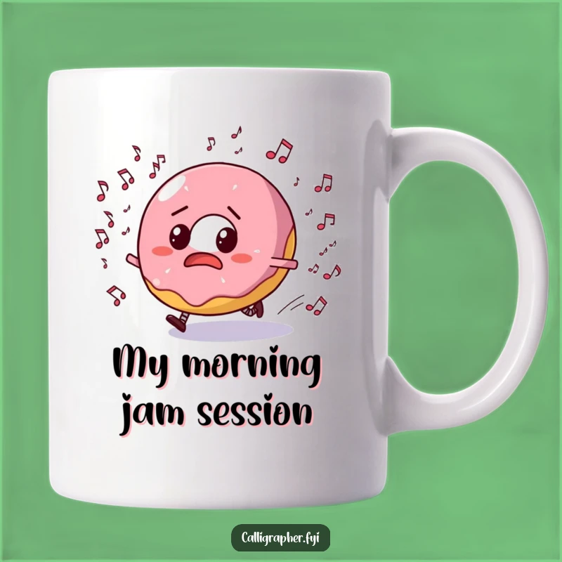 Funny Donut Music Mayhem Mug: Bewildered Treat Escaping Notes, Perfect Gift!
